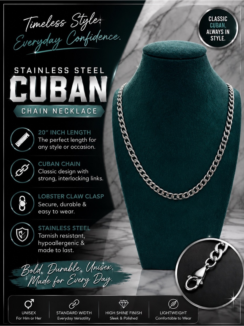 Stainless Steel Cuban Chain Necklace - 20”